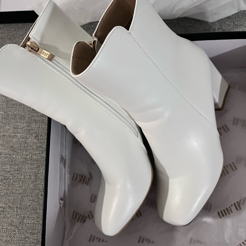 Women's White Ankle Booties with Block Heel